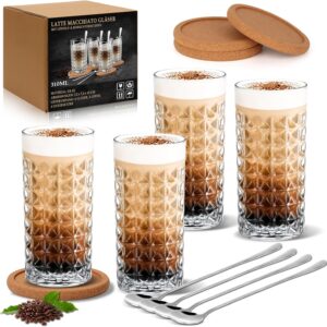 Latte Macchiato Glasses Set of 4 310 ml Cappuccino Glasses with Spoons and Coasters Coffee Glasses Cappuccino Cups Tea Glasses Long Drink Glasses Made of Crystal Glass Gift Set for Coffee Tea Juice