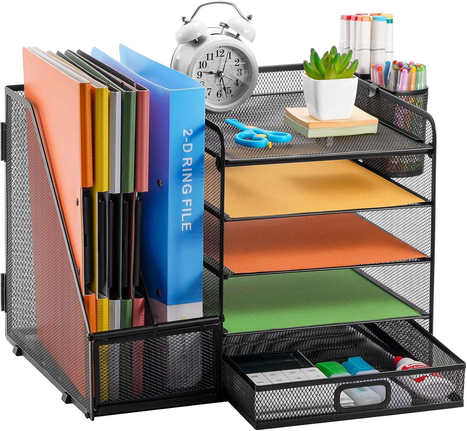 Marbrasse Desk Organiser with File Holder, 5 Tier Paper Letter Tray with Drawer and 2 Pen Holders, Desk Mesh Storage Compartments Organiser with for Office Supplies (Black) – Bild 4
