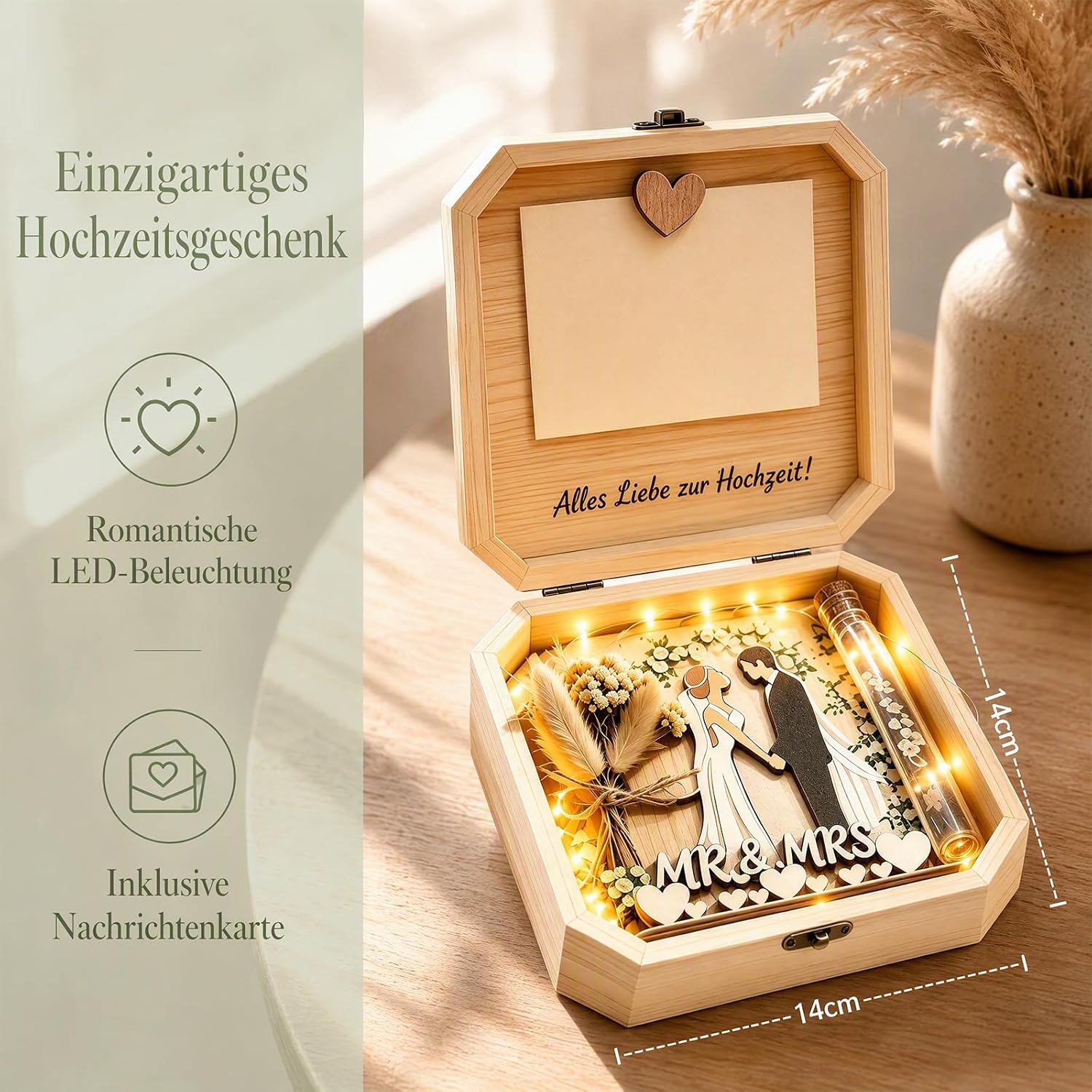 Money Gift Wedding Wooden Gift Box with LED Fairy Lights, Wedding Gifts for Bride and Groom, Wedding Card, Romantic Wedding Gift Packaging, Decorative Gift Box, Wedding – Bild 2