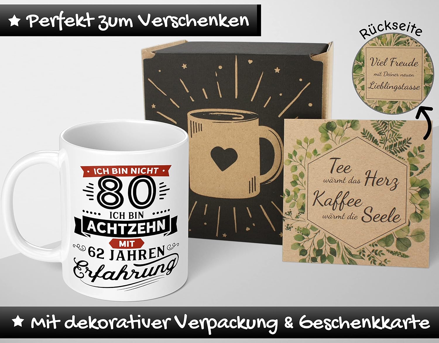 Gift Mug for 80th Birthday - Ich bin nicht 80, Ich bin 18 mit 62 Jahre Erfahrung | Mug with Funny Saying as a Gift Idea Ceramic 330 ml – Bild 2