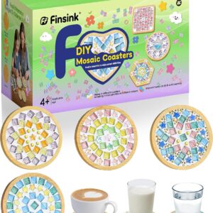 Finsink Mosaic Craft Set Children 4 Pieces Mosaic Coasters Craft Set DIY Wooden Coaster Set Mosaic Stones for Crafts Set Birthday Gifts for Children Adults Perfect Mother’s Day Gift Craft