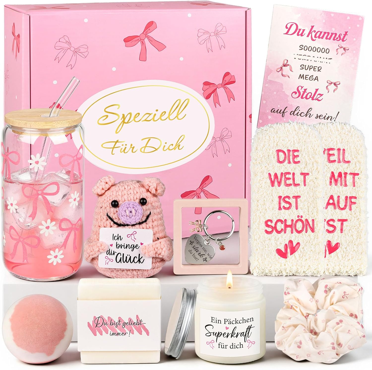 Giftota Gift Set for Women - Lucky Pig Self Care Wellness Gift Box with Bow Glass Cup & Scented Candle - Birthday Gift for Girlfriend, Best Friend, Sister - Gift Idea Women