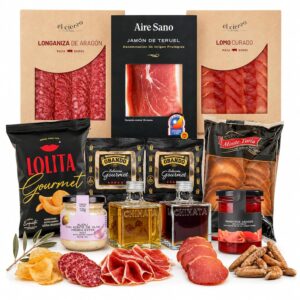 MARIA GOURMET – Gift Basket Tapas Evening Delicatessen Gift Set Gift Basket – Spanish Specialities – Delicatessen Gift Set – Extra Virgin Olive Oil, Ham and Sausages – Box 2