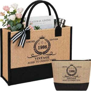 Birthday Gift Woman 40 50 60 70-2-Piece Vintage Jute Bag Set, Shopping Bag and Cosmetic Bag Set, Birthday Gifts for Women, Gift for Mum, Wife
