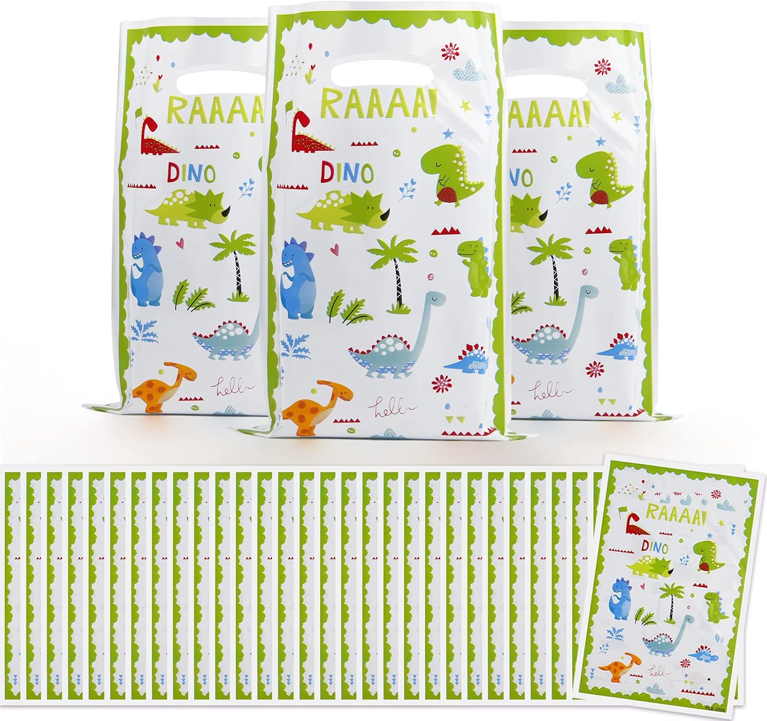 ASTARON Pack of 30 Dinosaur Birthday Gift Bags for Kids Party, Baby Shower Party Supplies, Plastic Goodie Bags for Children Favours, Dinosaur Party Decorations