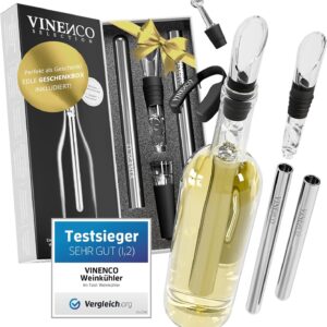 VINENCO The Original Wine Cooler Set, Bottle Cooler + Decanter 7-in-1 Premium Wine Accessories: Stainless Steel Bottle Wine Cooling Rod + Decanter Aerator + Pourer | Bar Gift Women Men Red / White Wine
