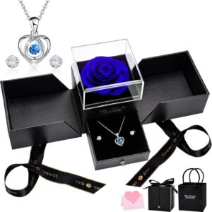 Eternal Rose, Blue Preserved Roses with Heart Necklace and Earrings, Handmade Gift Box, Valentine's Day, Mother's Day, Anniversary, Birthday Gifts for Mother, Wife, Sister