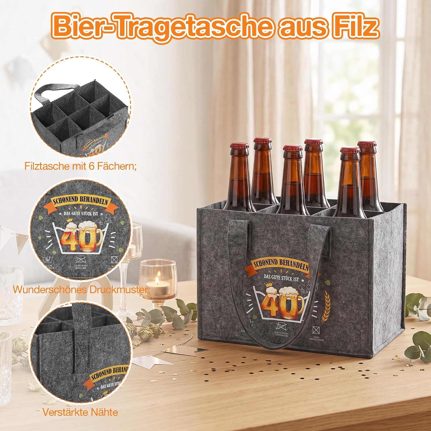 Zocipro Felt Beer Handbag 6 Bottle 40th Birthday Gift – Bild 6
