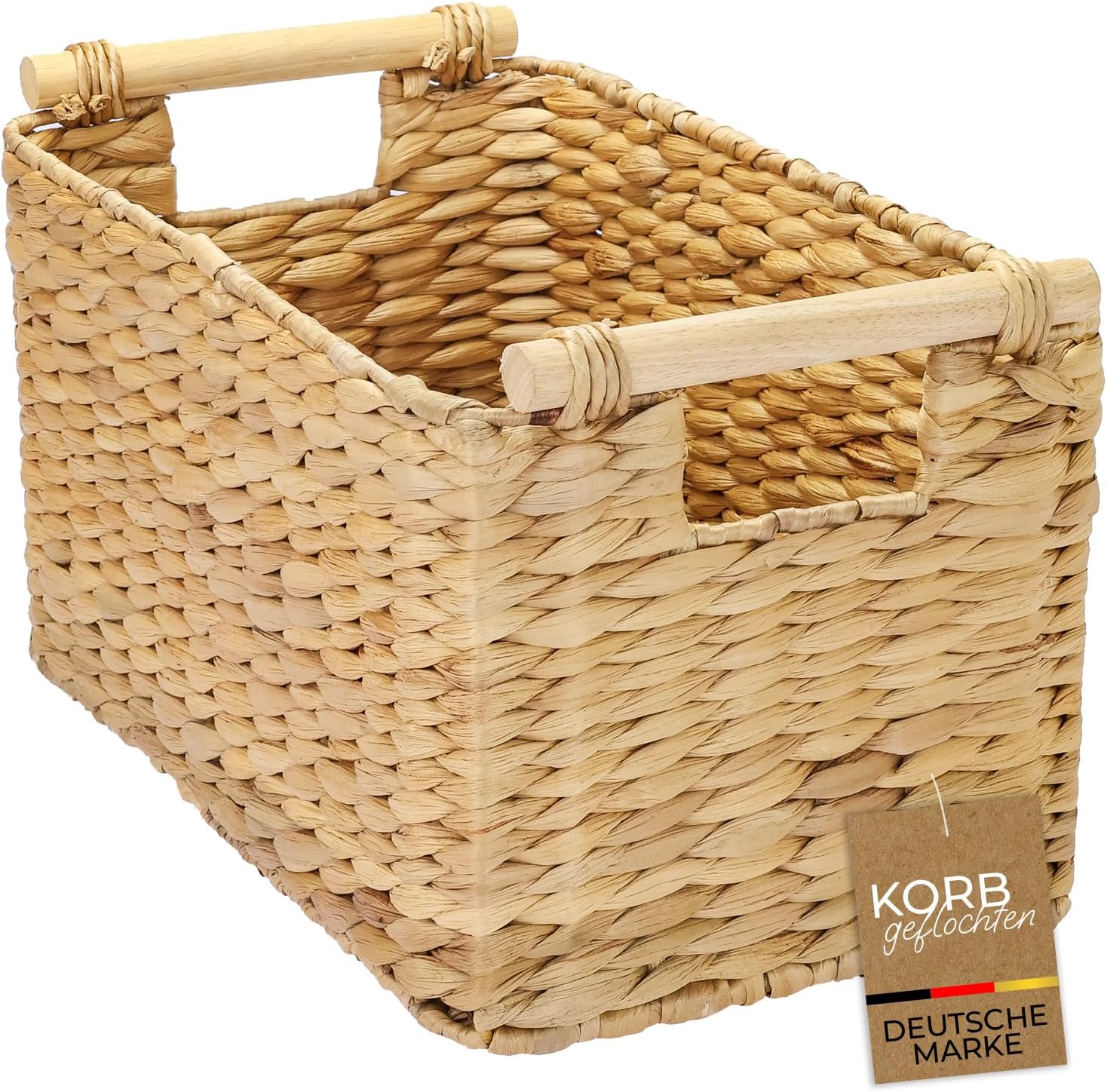 HMF Water Hyacinth Woven Storage Basket with Wooden Handles for Bathroom, Kitchen and Living Area, 37 x 22 x 20 cm, Natural