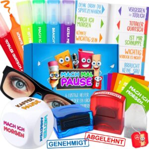 MACH MAL PAUSE® Gift Box – The Funny Office Box with 6 Funny Office Gadgets – Gift for Colleague and First Aid Set New Job – Anti-Stress Gifts School Cone Adults Birthday Colleagues