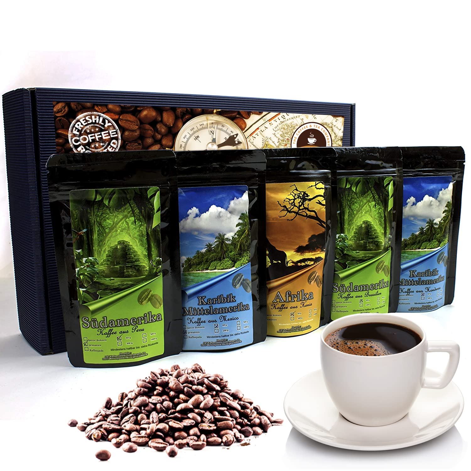 C&T Coffee Gift Set – 5 Different Coffees from Around the World – Whole Beans – Single Origin Coffee Freshly Roasted in Drum Roasting Process – Tasting Package & Gift for Men and Women – Bild 2