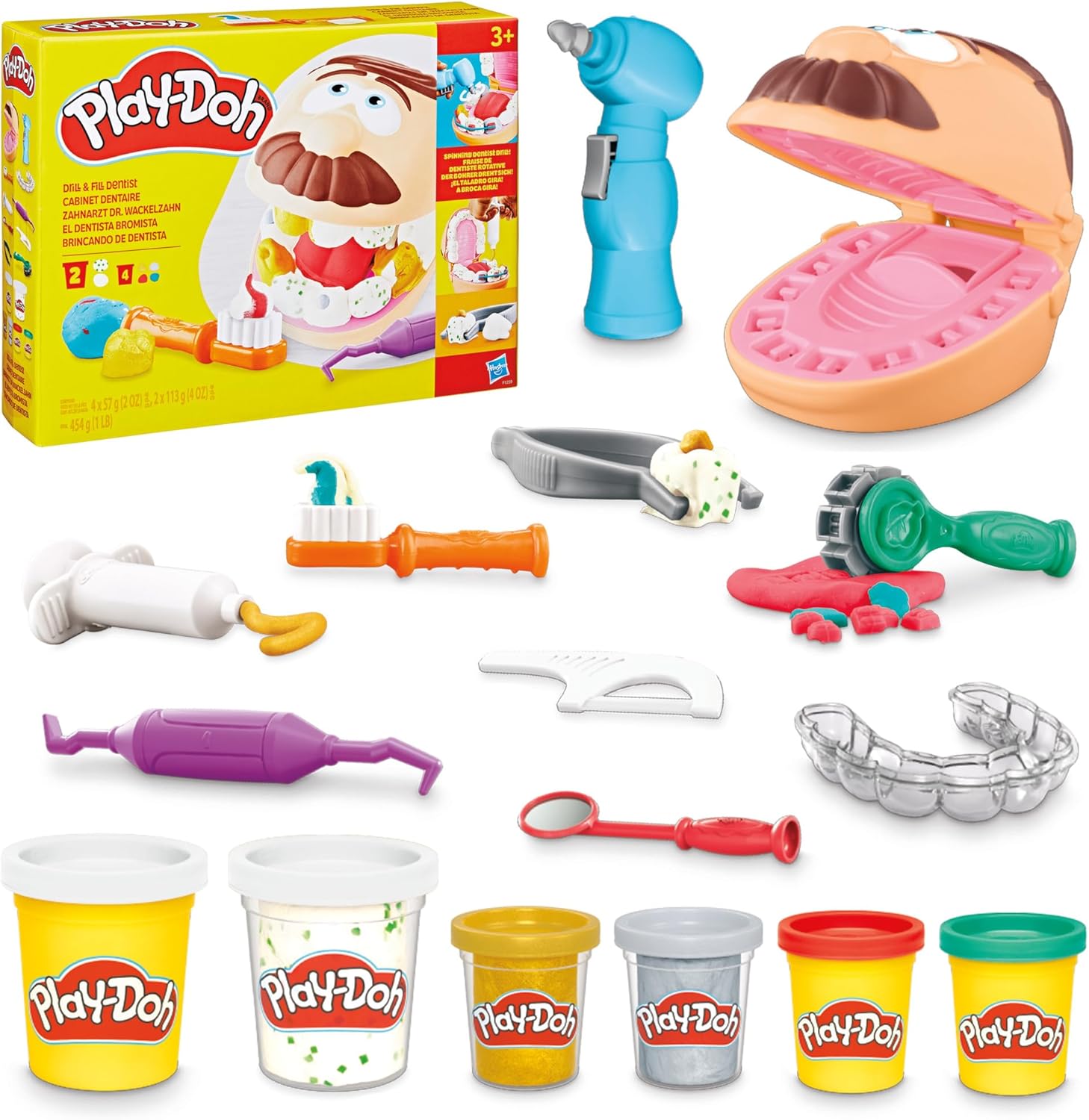 Play-Doh Dentist Dr. Drill ‘n Fill Toy Set for Children Aged 3+ with Caries Clay and Metal Coloured Clay, 10 Modelling Tools, 8 x 56g Tubs