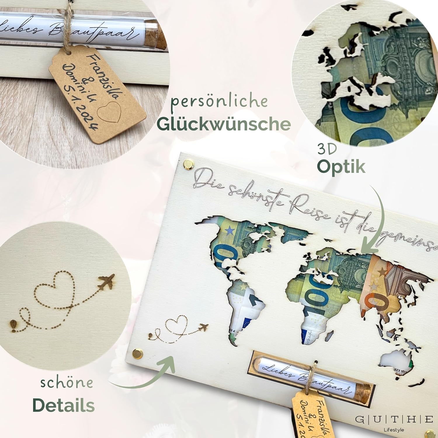 Money Gift Wedding World Map Wood | Great Wedding Gift for Bride and Groom | Couple Gift | Wedding Money Gift | Honeymoon Gift | Personalised in Test Tube – Bild 5