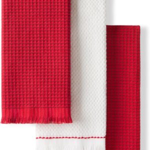 KitchenAid Gourmet Series Gridlines Kitchen Towels, Pack of 3, 100% Cotton, Absorbent, Passion Red, 18 x 28 Inch