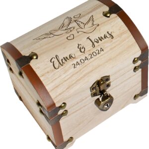 True Statements Personalised Treasure Chest with Engraving & Lock – Wedding Gift for Bride and Groom – Money Gift Packaging Wedding – Memory Box Treasure Chest – Wood, 14.5 x 11.5 x 13 cm