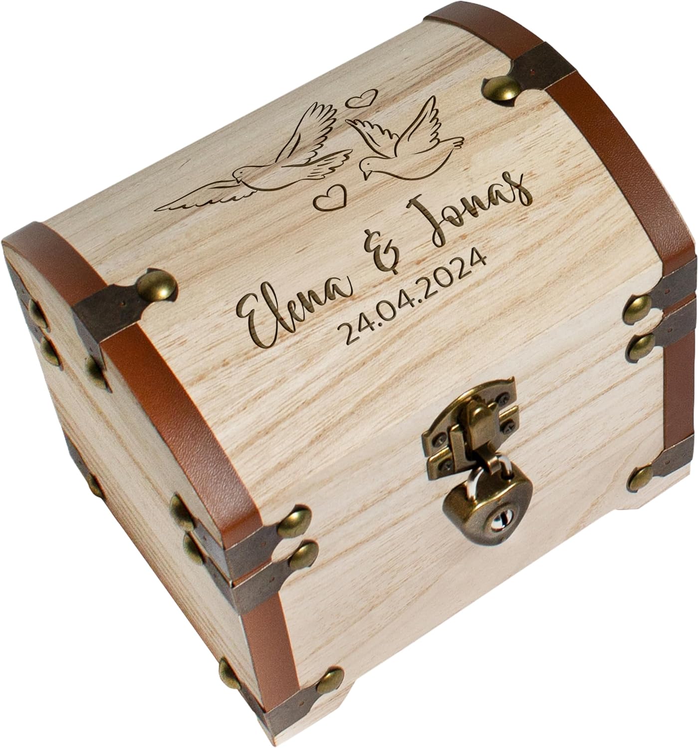 True Statements Personalised Treasure Chest with Engraving & Lock - Wedding Gift for Bride and Groom - Money Gift Packaging Wedding - Memory Box Treasure Chest - Wood, 14.5 x 11.5 x 13 cm