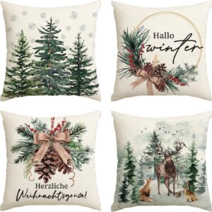 Artoid Mode Holly Pine Cones Reindeer Tree Warm Christmas Cushion Covers Set of 4 45 x 45 cm Hello Winter Decorative Cushion Cover Couch Living Room Decoration