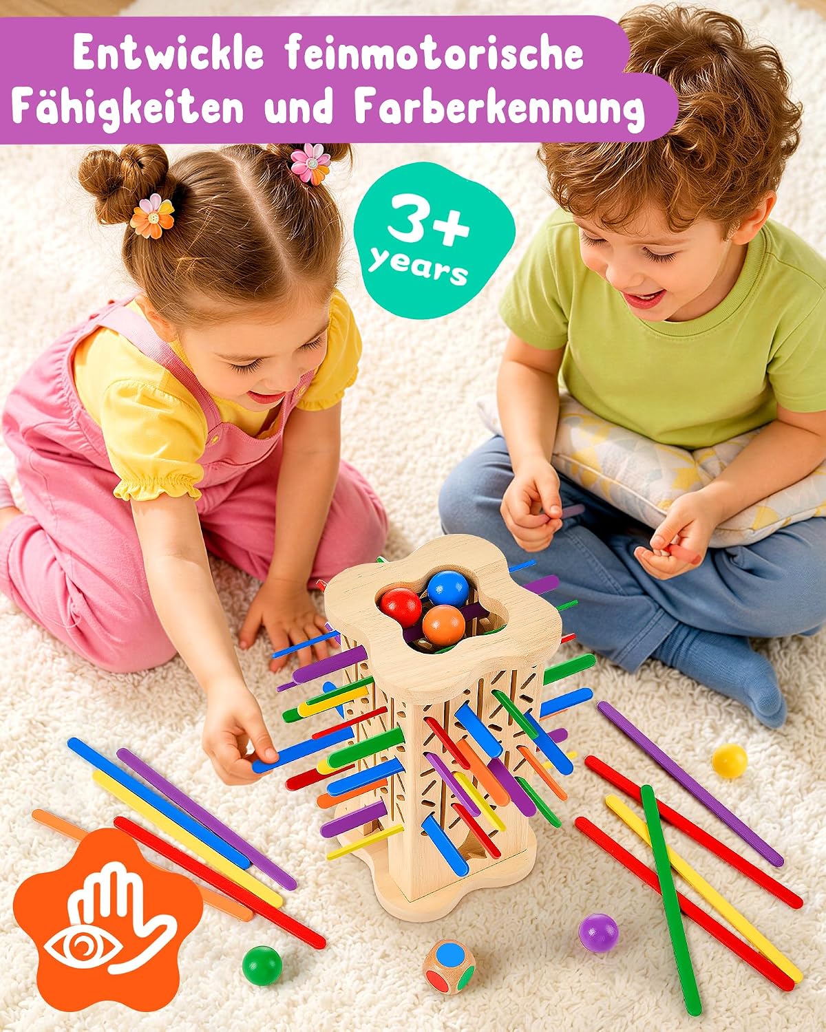 Montessori Wooden Board Game from 3-6 Years with Colourful Chopsticks & Ball – Bild 3