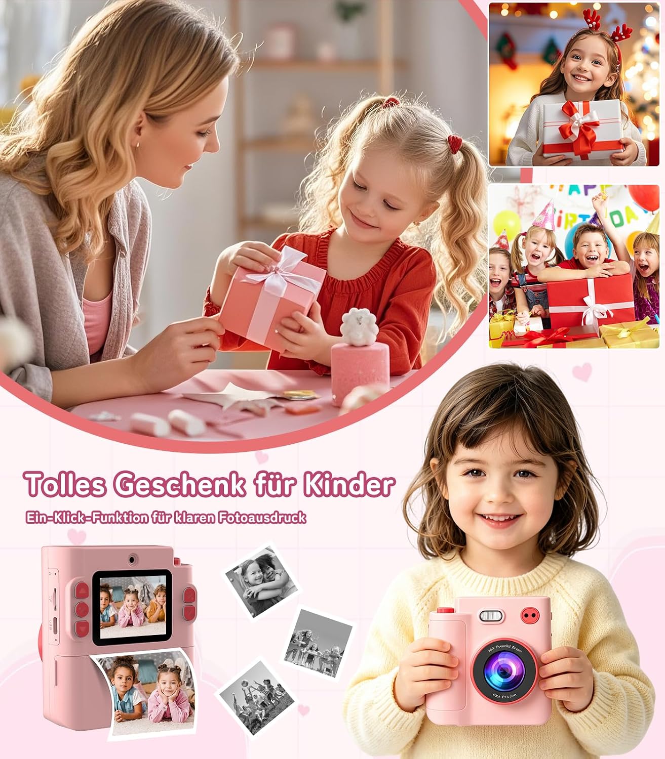 Kids Instant Camera with 32GB Memory Card, Pink, 2.0 Inch LCD Screen, Dual Camera, 1080P Video, 16X Digital Zoom, Type-C, 3 Rolls Printing Paper and Colouring Pencils, Gift for Kids – Bild 2
