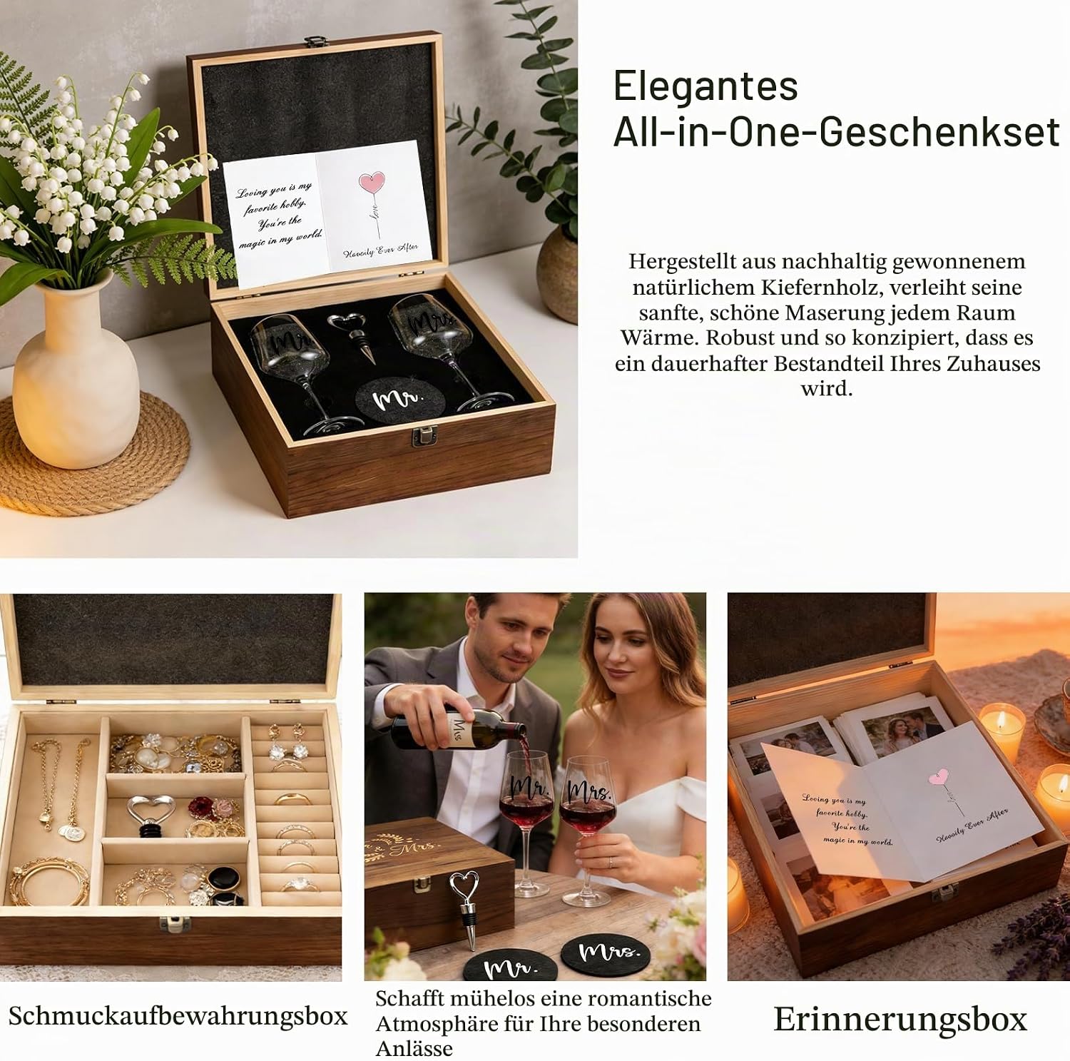 Wedding Gifts for Bride and Groom Mr and Mrs, 2 Wine Glasses with Engraving & 1 Wine Stopper & 2 Coasters, Personalised Engagement Gift Set in Wooden Box, Wedding Gift (Wedding) – Bild 5