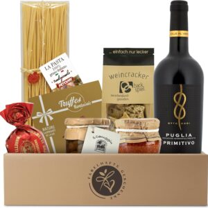 Gift Basket Culinary Italy Filled with Dry Red Wine and Italian Delicacies Pasta, Pesto, Olives, Wine Cracker, Truffle, Gift Basket for Men and Women for Birthday, Christmas