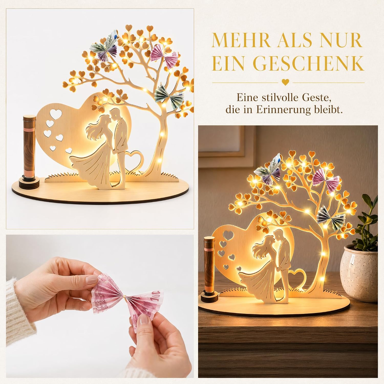 Money Gift Wedding Wooden with LED Fairy Lights, Wedding Gifts for Bride and Groom, Money Packaging, Heart-Shaped Romantic Gift for Wedding, Anniversary, Bride and Groom, Anniversary Gift for Him Her – Bild 7