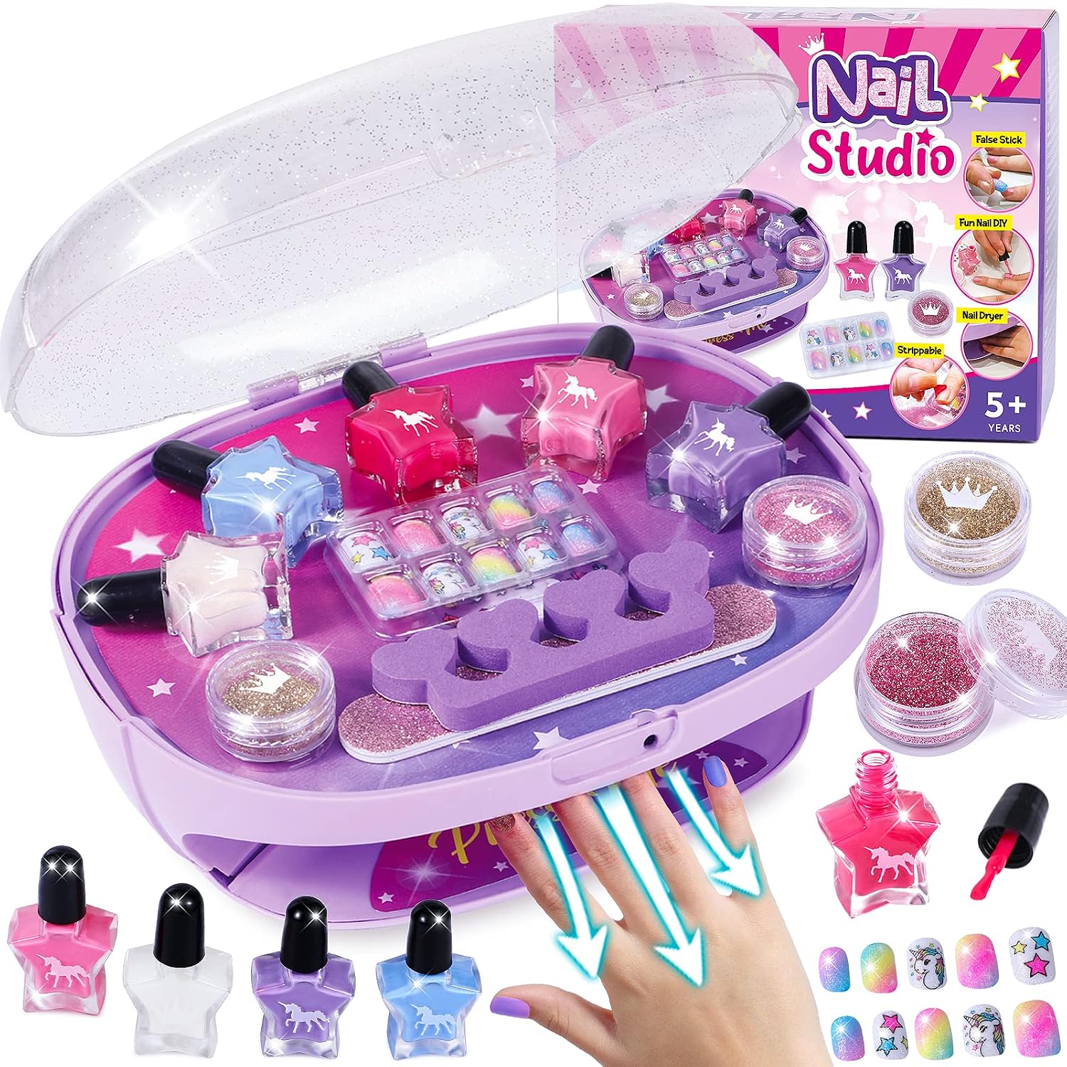Tacobear Nail Studio for Girls 6-10 Years - Nail Dryer, Peel Off Nail Polish, Press On Nail Stickers, Nail Design Set Manicure - Birthday Gift