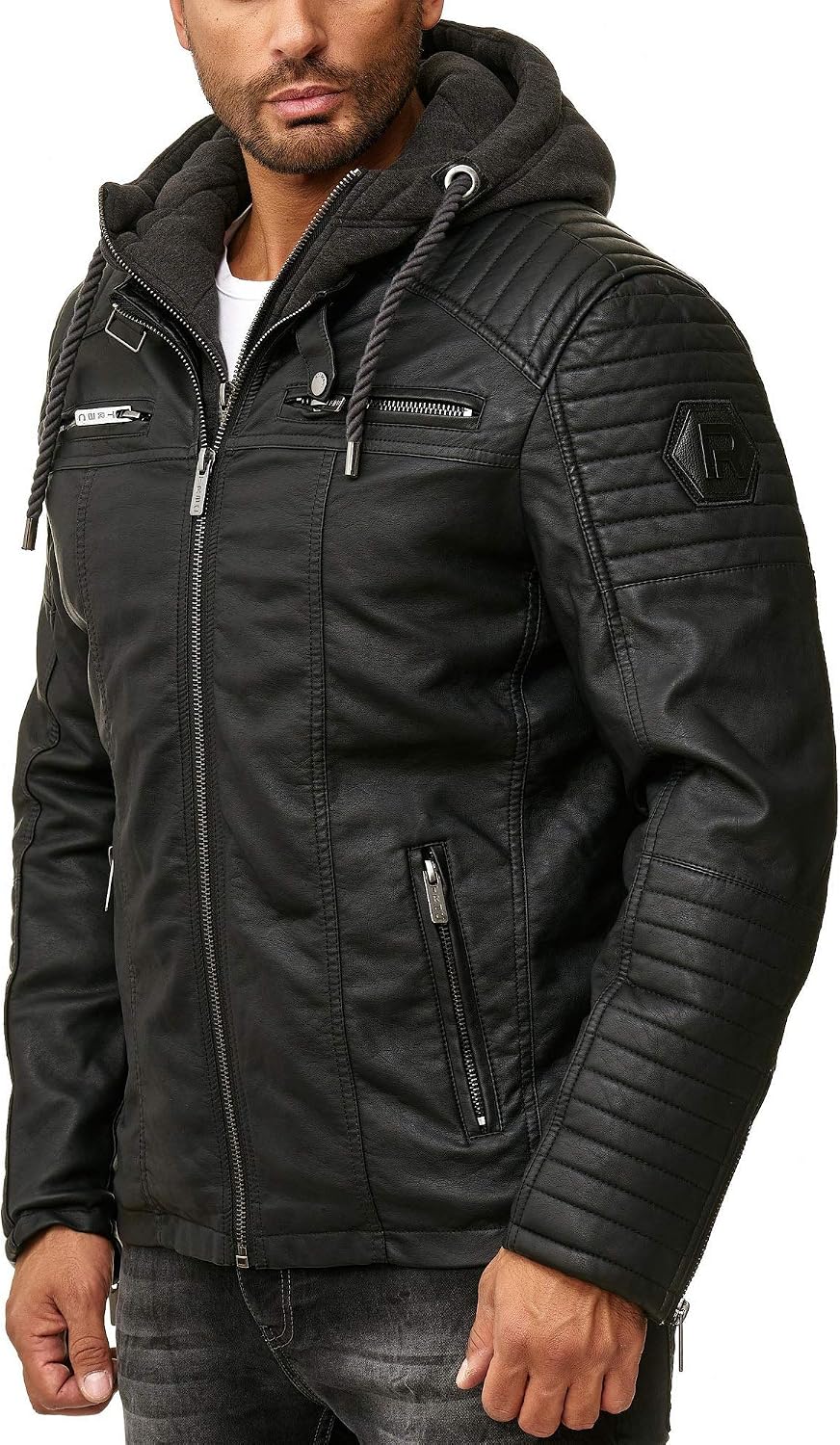 Redridge Robust Faux Leather Biker Jacket with Removable Hood – Bild 5