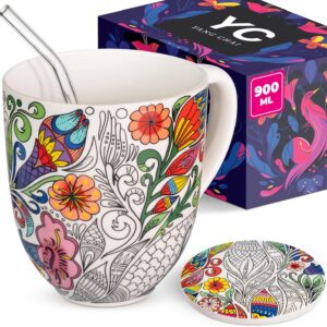 YC Yang Chai 4-Piece Gift Set for Coffee Lovers – XXL Porcelain Coffee Mug + Coaster + Extra Long Spoon