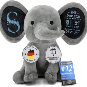 Plush Toy - Personalised Baby Gift for Birth Boy Decoration Elephant Cuddly Toy with Birth Data Stuffed Toy Name Date Weight Gift Christening 1st Birthday Godchild Son Grey Blue (25 cm)