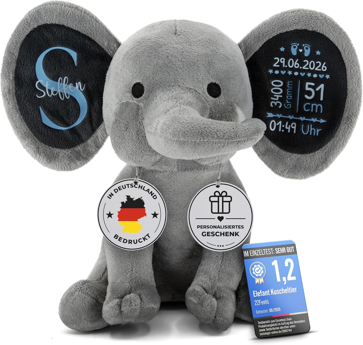 Plush Toy - Personalised Baby Gift for Birth Boy Decoration Elephant Cuddly Toy with Birth Data Stuffed Toy Name Date Weight Gift Christening 1st Birthday Godchild Son Grey Blue (25 cm)