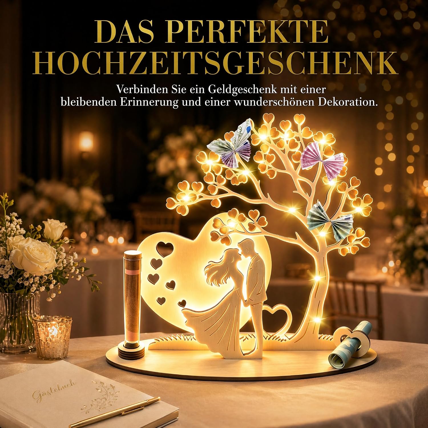 Money Gift Wedding Wooden with LED Fairy Lights, Wedding Gifts for Bride and Groom, Money Packaging, Heart-Shaped Romantic Gift for Wedding, Anniversary, Bride and Groom, Anniversary Gift for Him Her – Bild 8