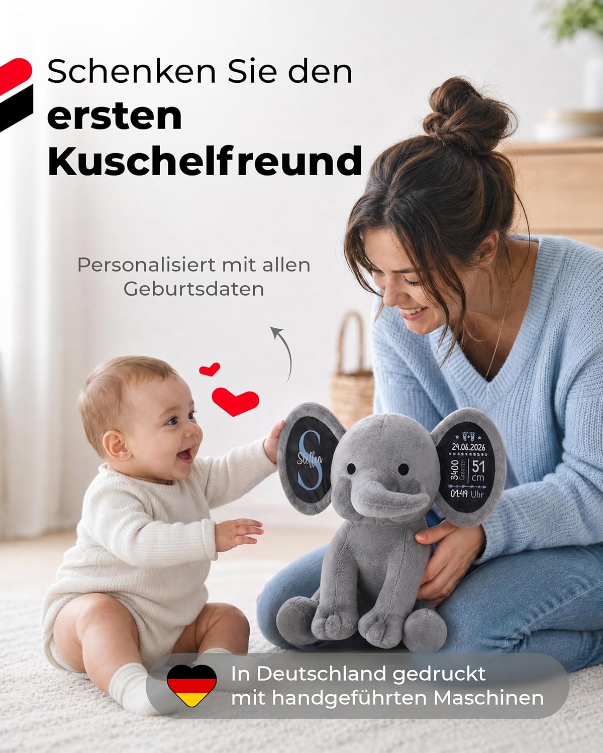 Plush Toy - Personalised Baby Gift for Birth Boy Decoration Elephant Cuddly Toy with Birth Data Stuffed Toy Name Date Weight Gift Christening 1st Birthday Godchild Son Grey Blue (25 cm) – Bild 2