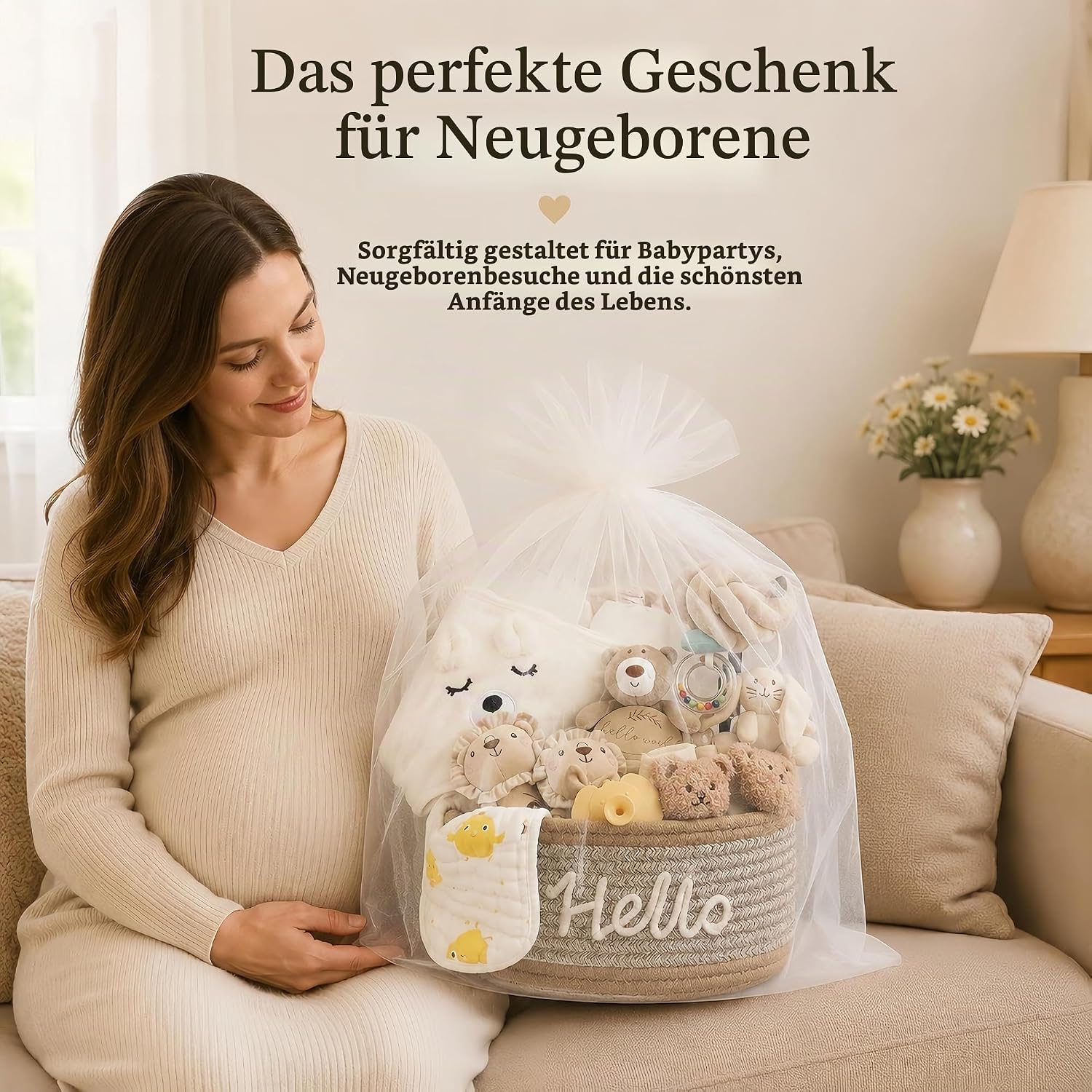 Baby Newborn Gift for Boys or Girls - 11 Piece Newborn Gift with Hooded Towel, Rattle, Pram Toy and Storage Basket, Baby Shower Gifts – Bild 3
