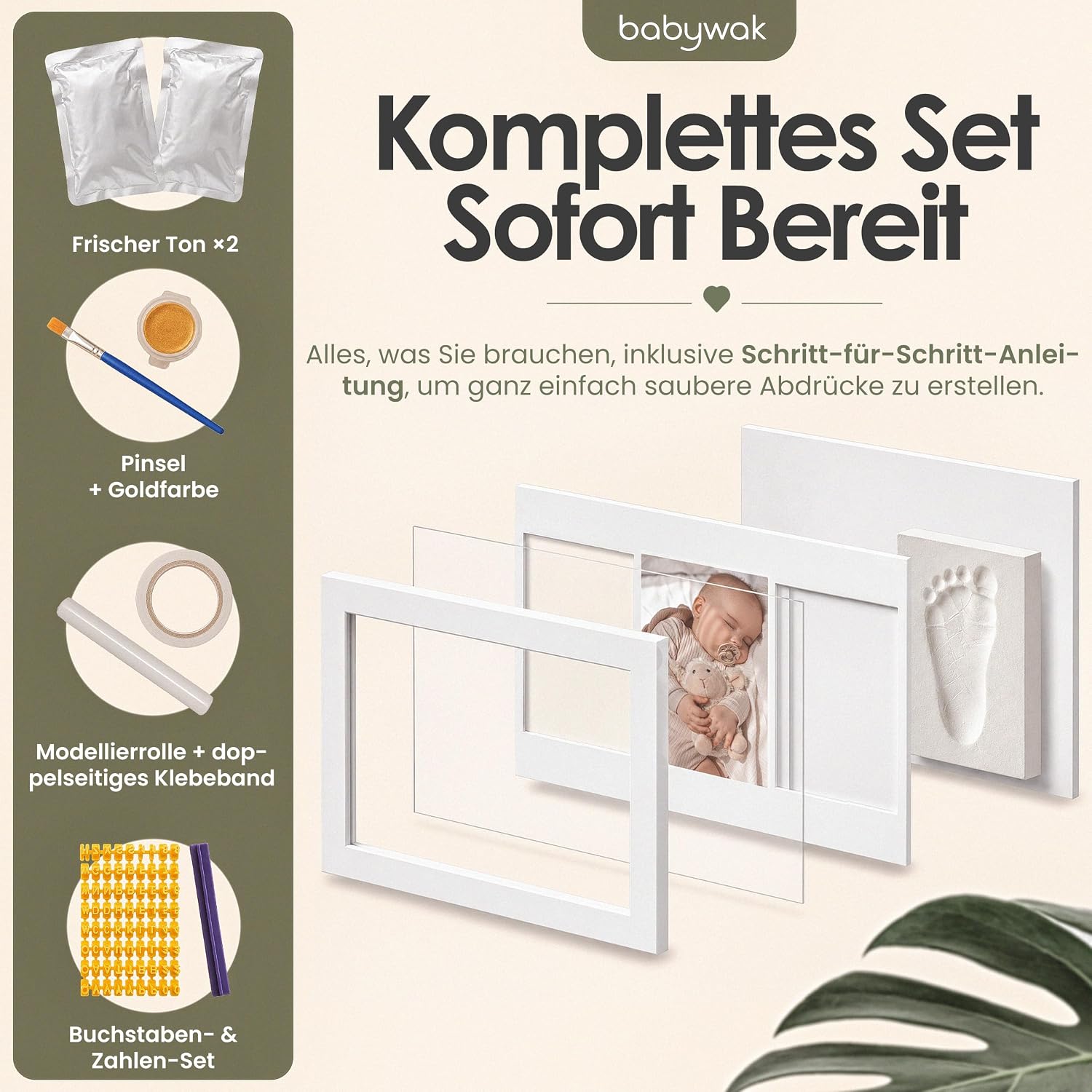 Baby Handabdruck und Fußabdruck Set mit Bilderrahmen – 3-in-1 Abdruckset aus Ton mit 2 Tonpäckchen, Buchstaben, Zahlen und Goldfarbe – Personalisiertes Geschenk zur Geburt – Bild 4