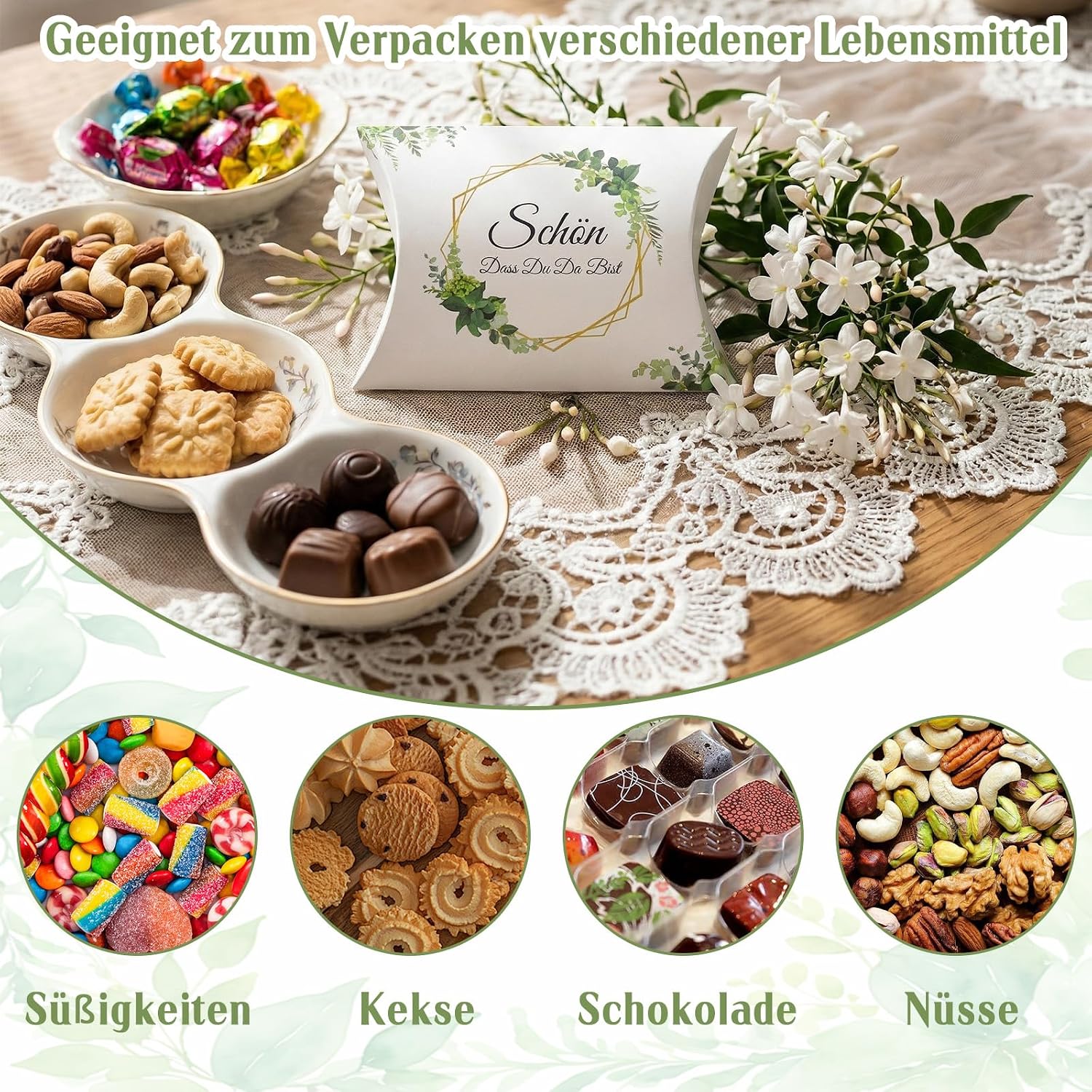 Pack of 50 Wedding Favour Cushion Boxes with German Text "Schön Dass Du Da Bist", Cardboard Gift Box for Sweets, Wedding Table Gifts, Christening Gifts and Communion – Bild 4