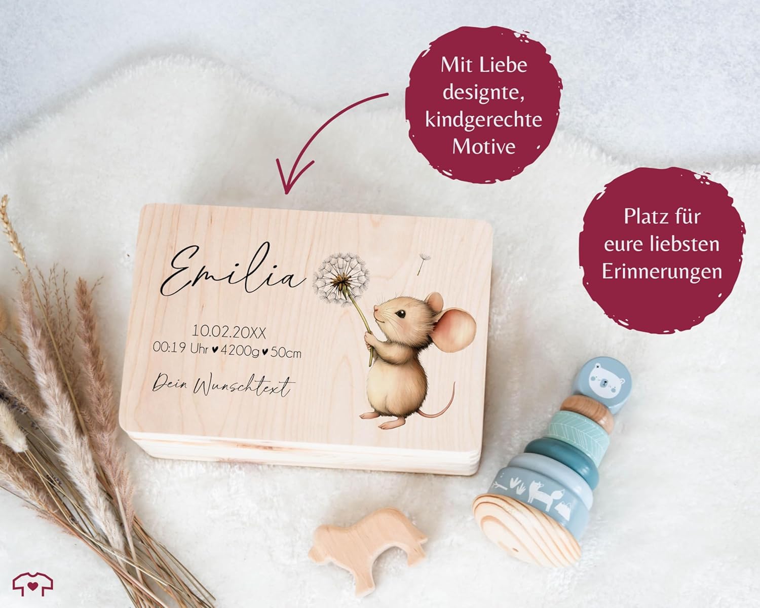Wooden Memory Box Baby Wooden Box Baby - Gift Box for Birth with Name Data Mouse I Wooden Box Cute Mouse Birth Gift Packaging - 30 x 20 x 14 - Wooden - Memory Box Baby Gifts – Bild 6