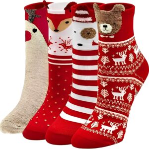 Scinzene 4 Pairs of Women’s Christmas Socks with Gift Box, Cuddly Socks Christmas 39-42, Cute Animal Motifs Christmas Socks, Christmas Socks, Santa Gifts & Christmas Gifts for Women