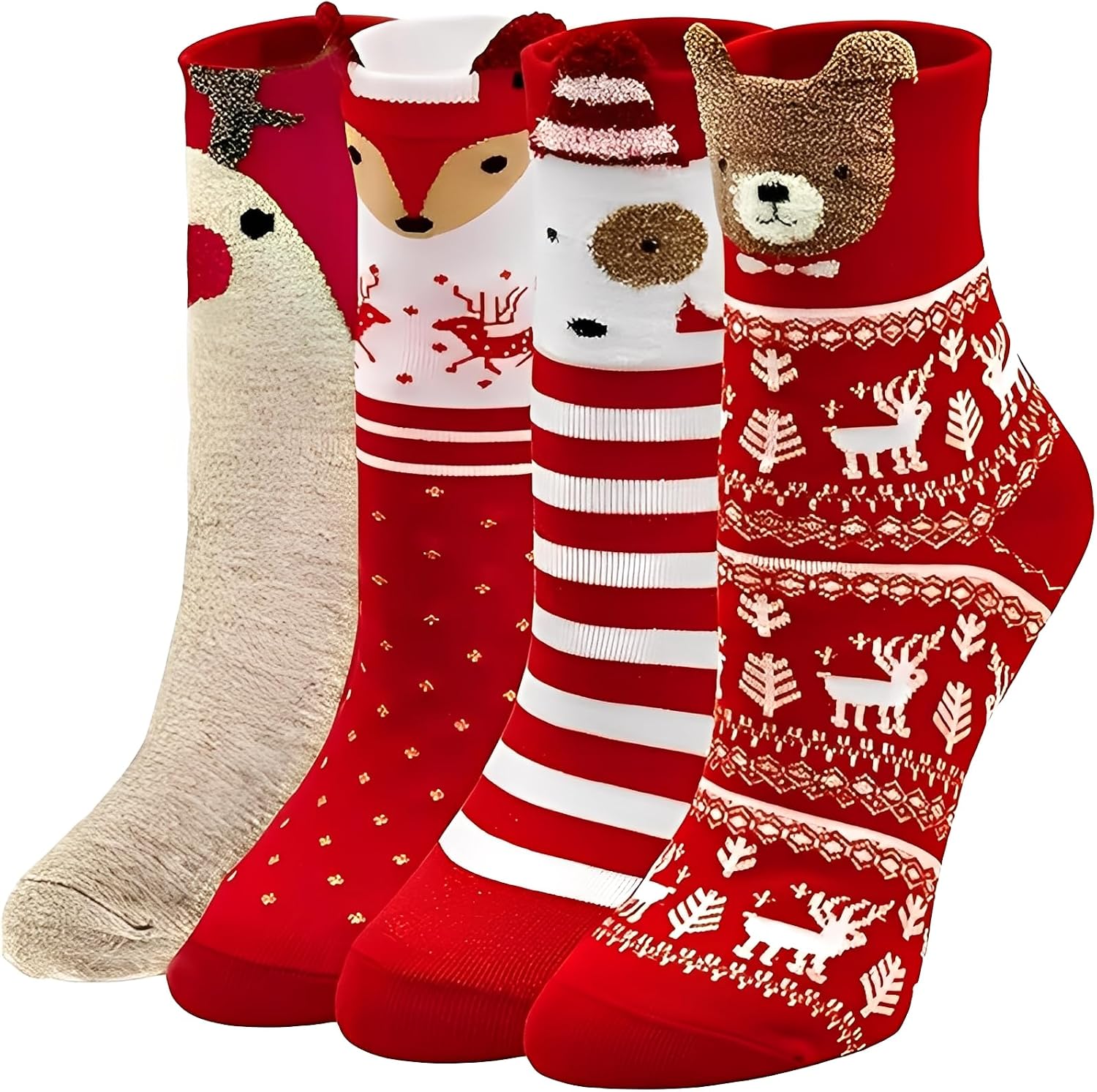 Scinzene 4 Pairs of Women's Christmas Socks with Gift Box, Cuddly Socks Christmas 39-42, Cute Animal Motifs Christmas Socks, Christmas Socks, Santa Gifts & Christmas Gifts for Women