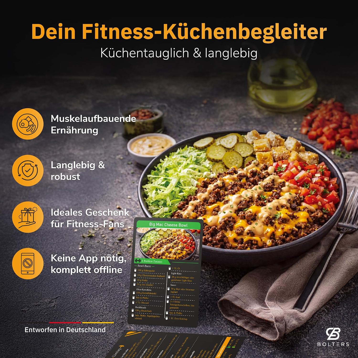 Bolters Fitness Recipe Cards - 30 High Protein Recipes with Macros, Fitness Cards Instead of Cookbook, for Muscle Building & Healthy Eating, Gift for Fitness Fans, in Black Metal Tin – Bild 2