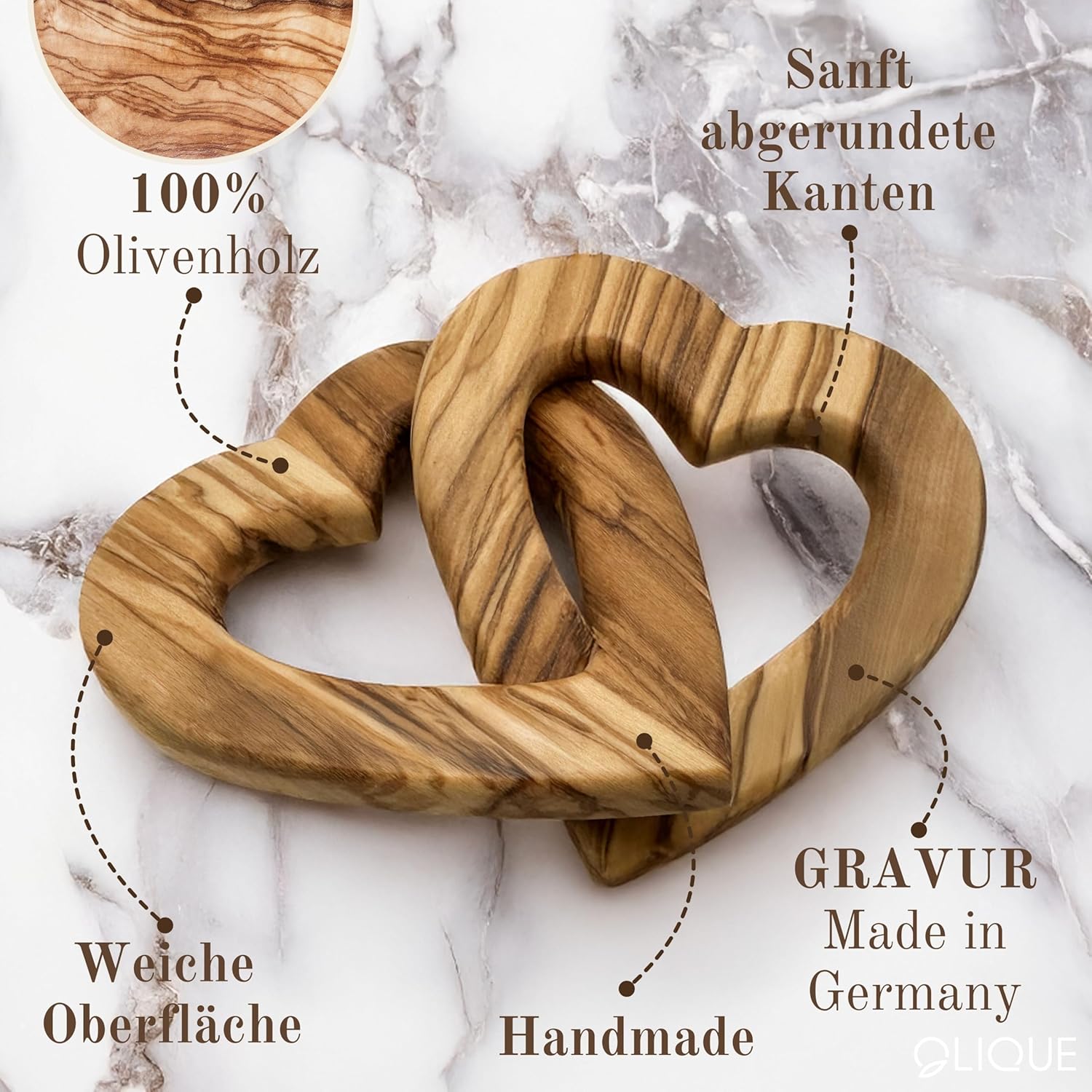 Wooden Hearts, Olive Wood - Connected Wooden Hearts as an Individual Gift for Wedding, Anniversary or Engagement (5 cm) – Bild 5