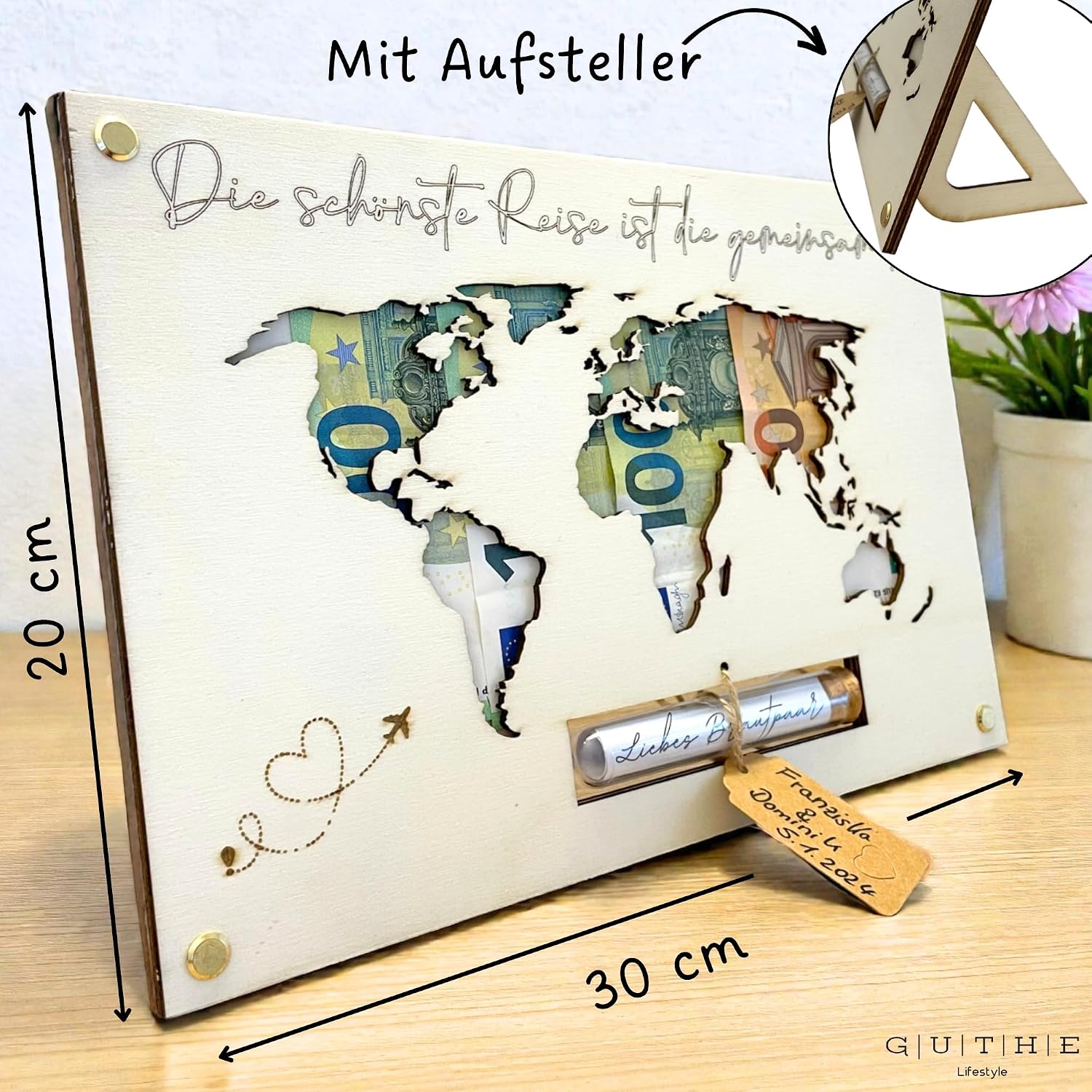 Money Gift Wedding World Map Wood | Great Wedding Gift for Bride and Groom | Couple Gift | Wedding Money Gift | Honeymoon Gift | Personalised in Test Tube – Bild 4