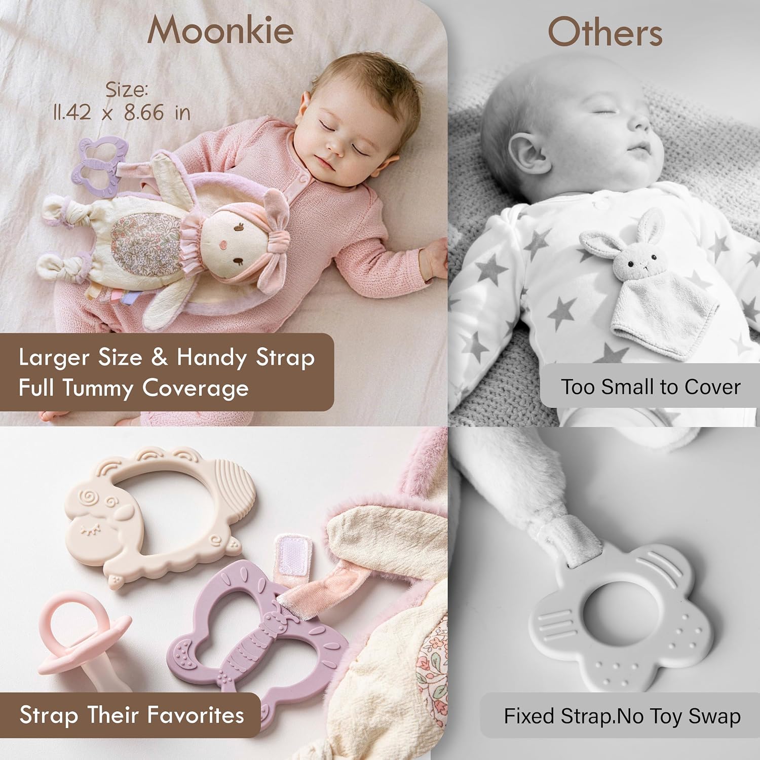 Moonkie Comforter Baby Rabbit with Silicone Teething Ring 3-in-1 Super Soft Cuddly Blanket Soothing Comfort Teething Relief Sensory Game Baby Gifts Girls from 0+ Months – Bild 6