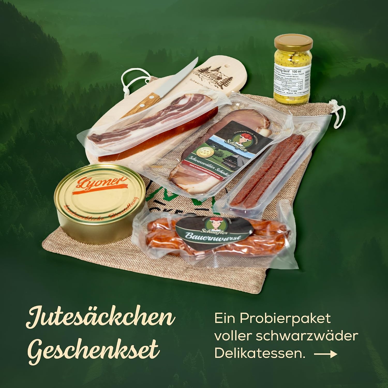 Black Forest Butcher's Board Rustic in Jute Bag Gift Idea Gift Basket with Farmer Sausages, Country Hunter, Mustard 8-Piece Set – Bild 2