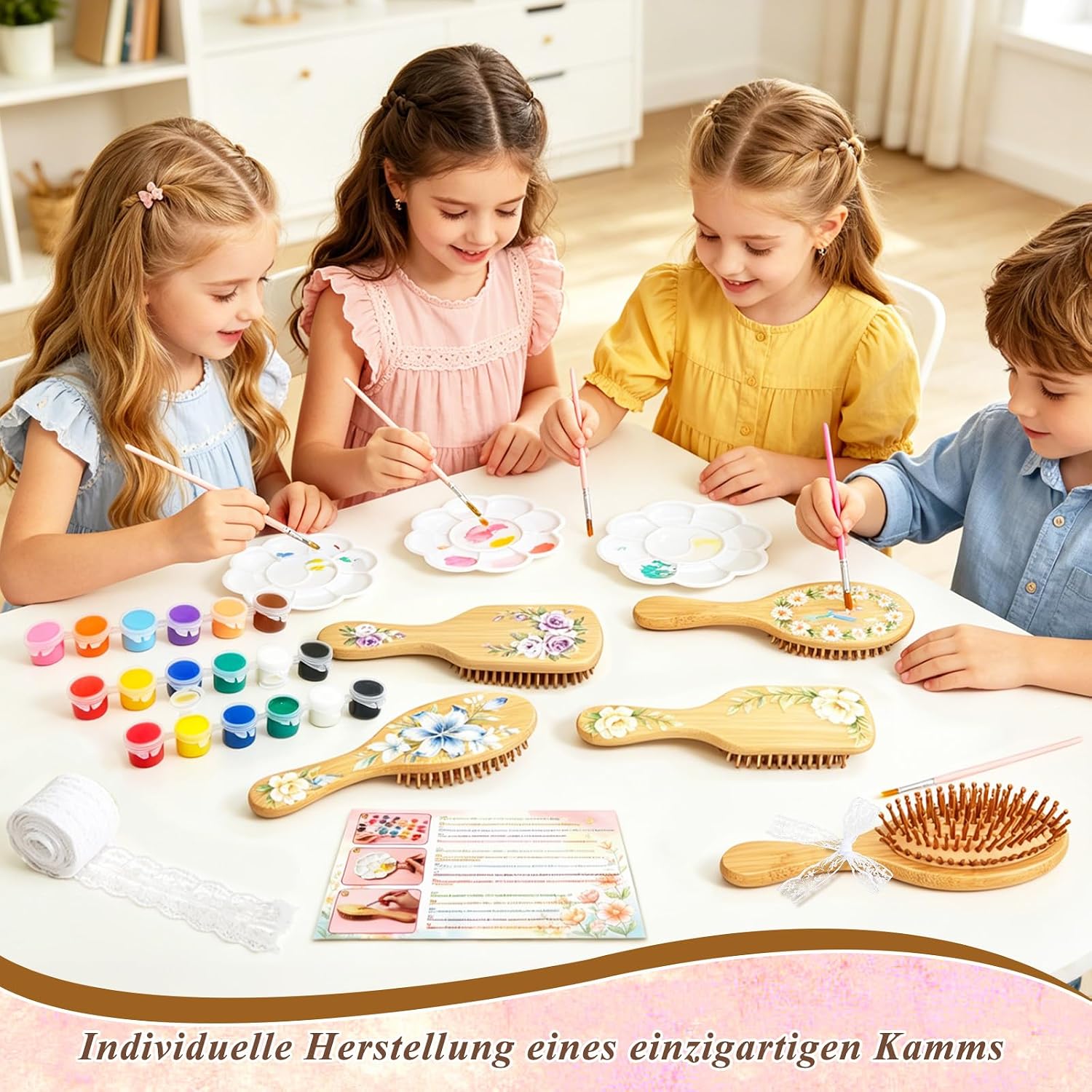 DIY Bamboo Hair Brush, 26 Hair Brushes, DIY Hair Brush for Painting, with 6 Hair Combs, 6 Brushes, 6 Pigments, 6 Palettes, Lace Ribbon for DIY Gift, Wedding Gift – Bild 7