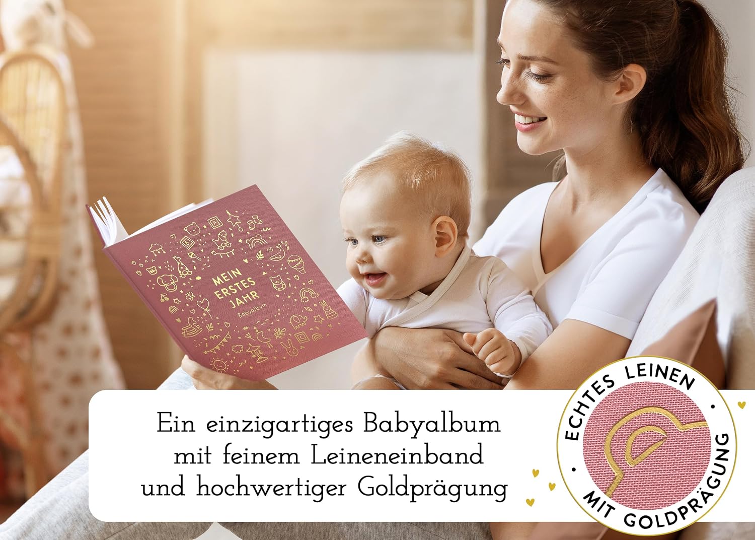 My First Year Baby Album - High-Quality Linen Book with Gold Embossing for the Most Beautiful Memories - Baby Book to Enter for the First Year of Life - Baby Gift for Birth (Toy Rose) – Bild 2