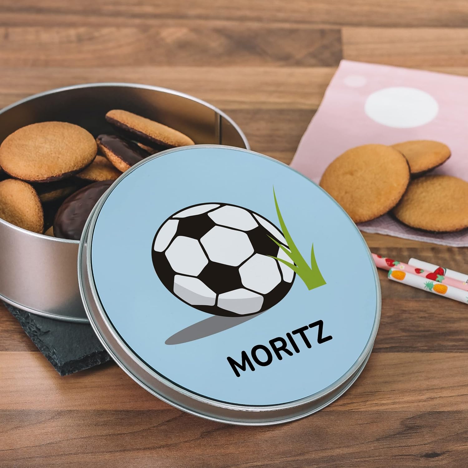 STEMPEL-FABRIK Round Gift Tin with Print – Football Motif – Personalised Gift – Biscuit Tin Blue – Metal Tin – Gift Idea – Cookie Tin – Gift Box – Storage Box – Bild 3