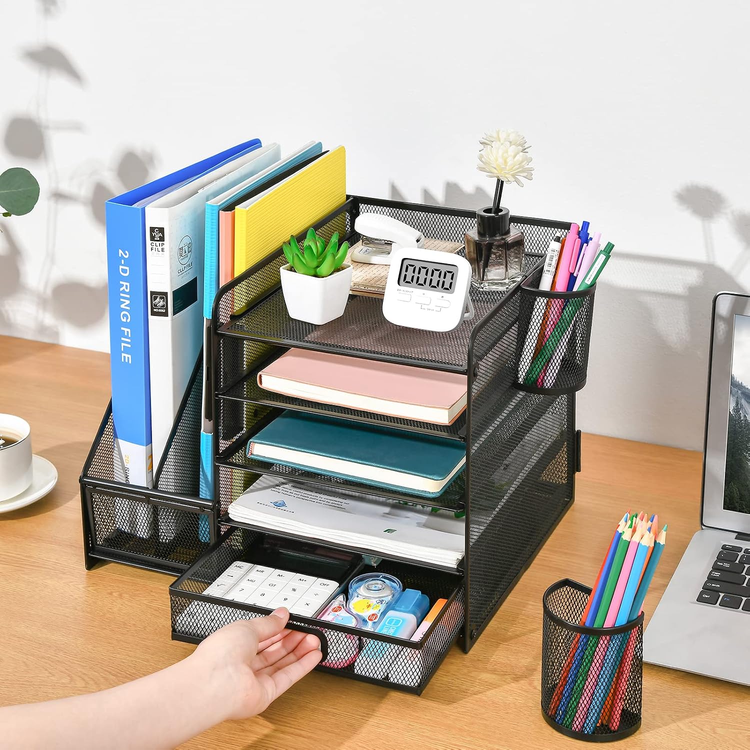 Marbrasse Desk Organiser with File Holder, 5 Tier Paper Letter Tray with Drawer and 2 Pen Holders, Desk Mesh Storage Compartments Organiser with for Office Supplies (Black) – Bild 6