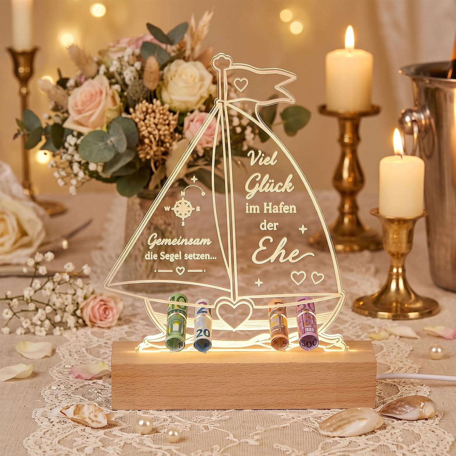 Wedding Gifts for Bride and Groom Money Gift Wedding Gift for Boyfriend LED Acrylic Ship with Wooden Base Night Light Gifts Wedding Party Desk Decorations – Bild 4