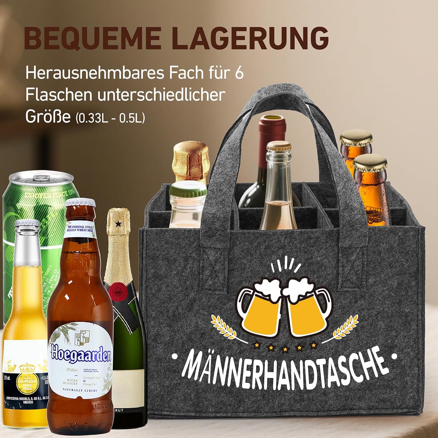 Bottle Carrier 6 Bottles Felt Beer Men's Handbag with Opener, Grey – Bild 3